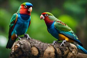 deux coloré des oiseaux séance sur une branche. généré par ai photo