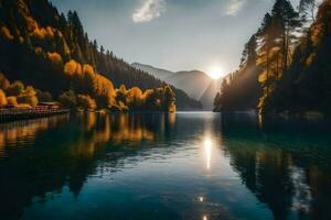 le Soleil est brillant plus de une Lac dans le montagnes. généré par ai photo