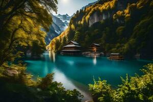 une Lac entouré par montagnes et des arbres. généré par ai photo