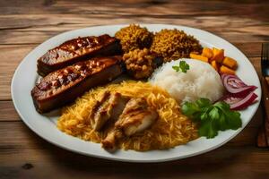 une assiette de nourriture avec riz, Viande et des légumes. généré par ai photo