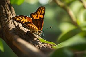 une papillon est séance sur une branche dans le Soleil. généré par ai photo