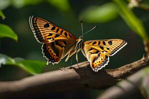 une papillon est séance sur une branche avec feuilles. généré par ai photo