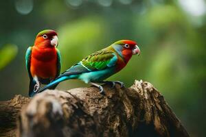 deux coloré des oiseaux séance sur une branche. généré par ai photo