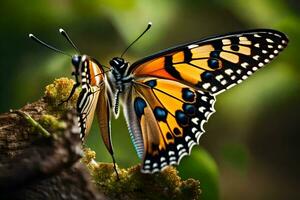 une papillon est séance sur une branche avec ses ailes ouvert. généré par ai photo