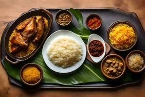 une plateau de nourriture avec riz, poulet et autre plats. généré par ai photo