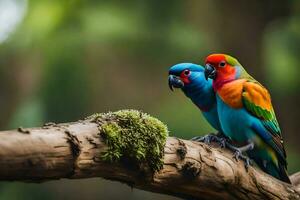 deux coloré des oiseaux séance sur une branche. généré par ai photo