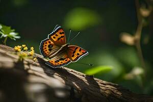 une papillon est séance sur une branche avec fleurs. généré par ai photo