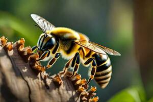 une abeille est séance sur une arbre branche. généré par ai photo