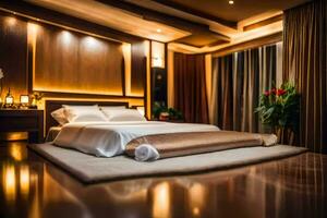 une chambre avec une lit et une en bois sol. généré par ai photo