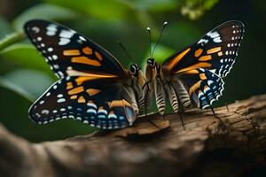 deux papillons sont séance sur une branche. généré par ai photo