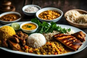 une assiette de nourriture avec riz, Viande et des légumes. généré par ai photo