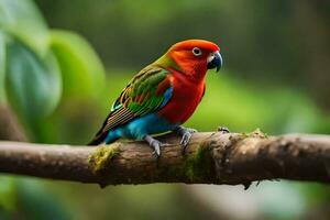 une coloré oiseau est assis sur une branche. généré par ai photo