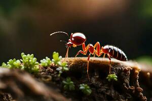 un fourmi est permanent sur une branche avec vert les plantes. généré par ai photo