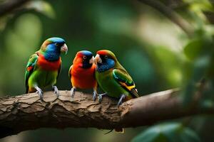 Trois coloré des oiseaux séance sur une branche. généré par ai photo