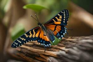 une papillon avec Orange et noir ailes est séance sur une branche. généré par ai photo