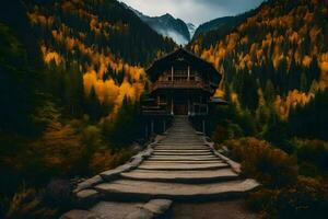 une maison dans le montagnes avec pas de premier plan en haut à il. généré par ai photo