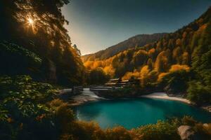 le Soleil brille plus de une Lac dans le montagnes. généré par ai photo