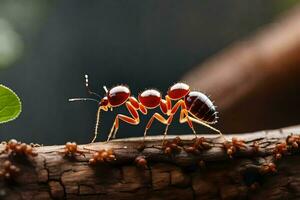 une rouge fourmi en marchant sur une branche. généré par ai photo