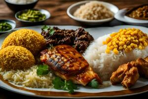 une assiette de nourriture avec riz, maïs, et Viande. généré par ai photo