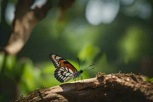 une papillon est séance sur une arbre branche. généré par ai photo