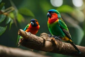 deux coloré des oiseaux séance sur une branche. généré par ai photo