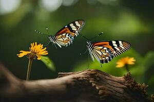 deux papillons sont séance sur une branche avec Jaune fleurs. généré par ai photo