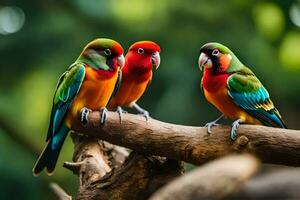 Trois coloré des oiseaux séance sur une branche. généré par ai photo