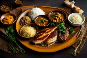 une assiette de nourriture avec riz, Viande et des légumes. généré par ai photo