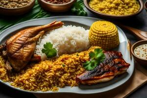 poulet, riz et blé sur le côté de le plaque. généré par ai photo