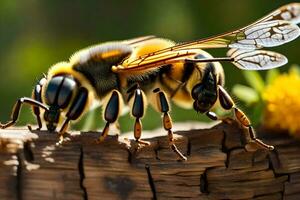 une abeille avec grand ailes et noir et Jaune marquages. généré par ai photo