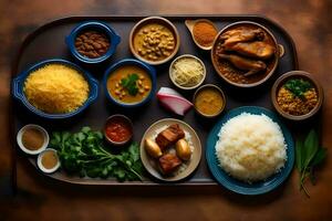 une plateau de nourriture comprenant riz, haricots, Viande et des légumes. généré par ai photo