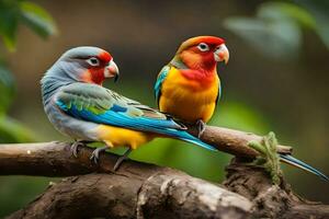 deux coloré des oiseaux séance sur une branche. généré par ai photo