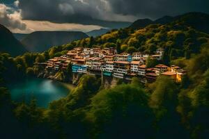 une village dans le montagnes avec une lac. généré par ai photo