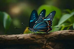 une papillon avec bleu ailes séance sur une branche. généré par ai photo