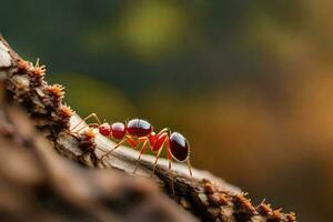 un fourmi est rampant sur une branche. généré par ai photo