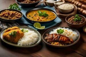 une table avec boules de nourriture et riz. généré par ai photo