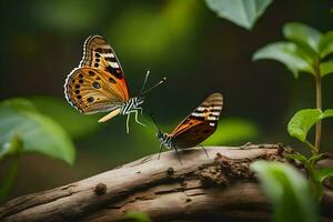 deux papillons sont séance sur une branche. généré par ai photo