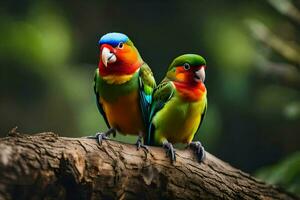 deux coloré des oiseaux séance sur une branche. généré par ai photo