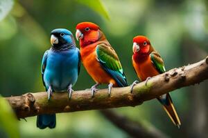 Trois coloré des oiseaux séance sur une branche. généré par ai photo