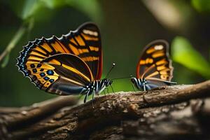 deux papillons sont séance sur une branche. généré par ai photo