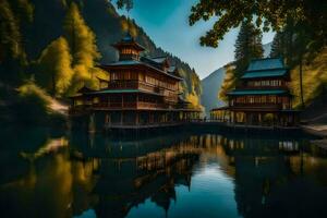 une maison est assis sur le bord de une Lac dans le montagnes. généré par ai photo