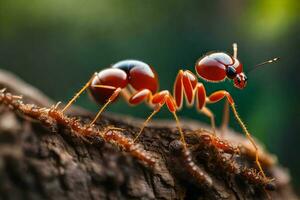 un fourmi est en marchant sur une arbre tronc. généré par ai photo