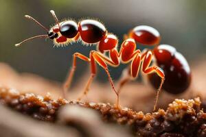 un fourmi est permanent sur Haut de une pièce de bois. généré par ai photo