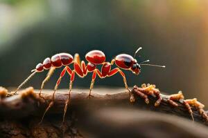 un fourmi est en marchant sur une branche. généré par ai photo