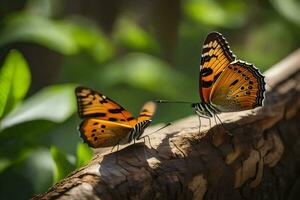 deux papillons sont séance sur une enregistrer. généré par ai photo