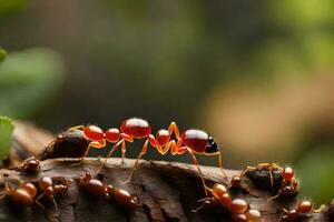 une groupe de fourmis en marchant sur une enregistrer. généré par ai photo