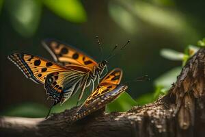 deux papillons sont séance sur une branche. généré par ai photo