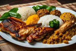 une assiette de nourriture avec riz, Viande et des légumes. généré par ai photo