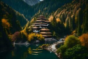 une pagode est assis sur le bord de une Lac entouré par des arbres. généré par ai photo