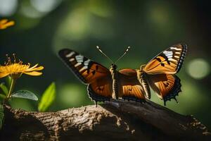 deux papillons sont séance sur une branche. généré par ai photo